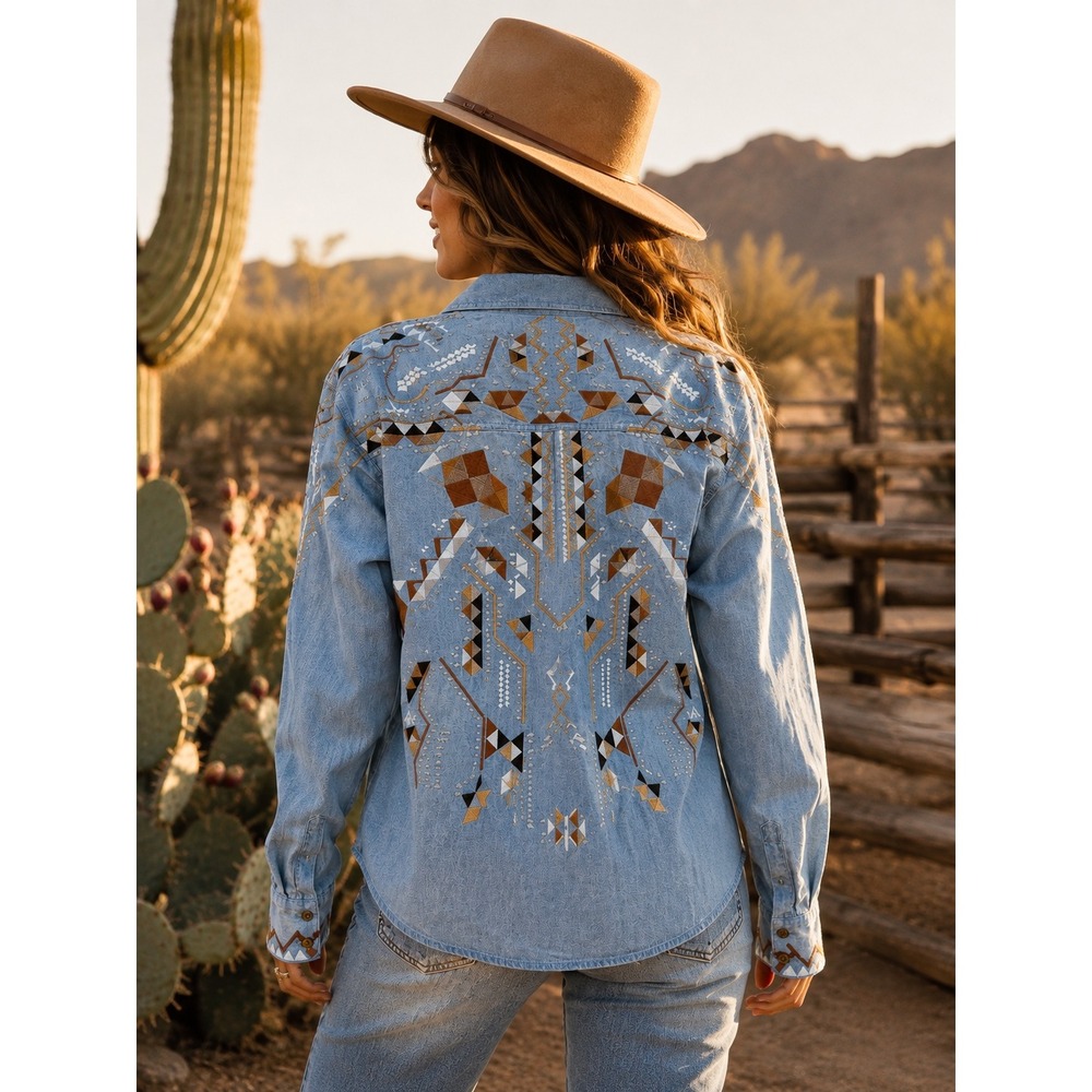 Miss Me Vintage Women's S Chambray Embroidered Button Down Boho Western Shirt